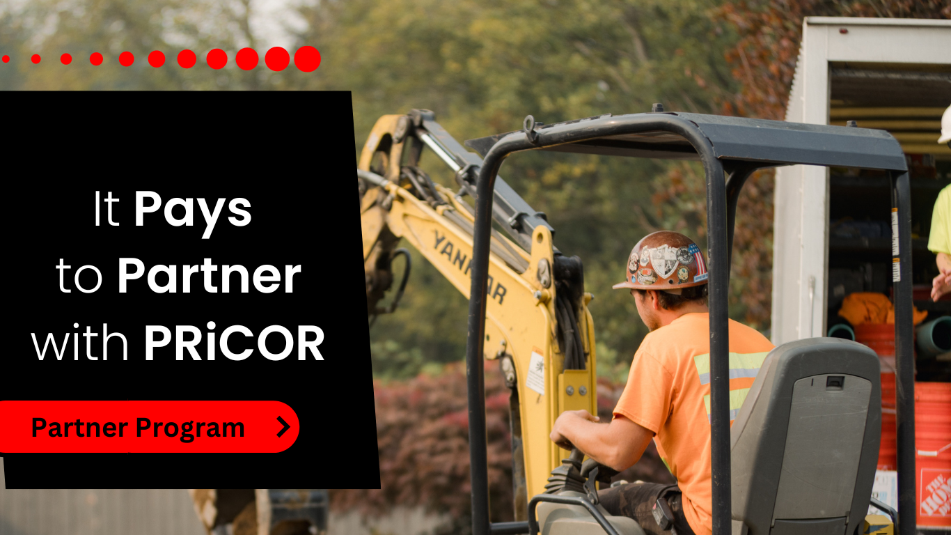 It Pays to Partner with PRiCOR and a picture of a workman operating an excavator.